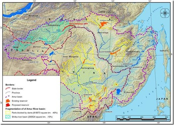 Areas of influence of hydroelectric dams in Amur river basin