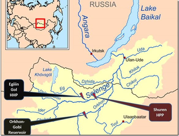 Map of three planned large dams in Baikal-Selenge basin